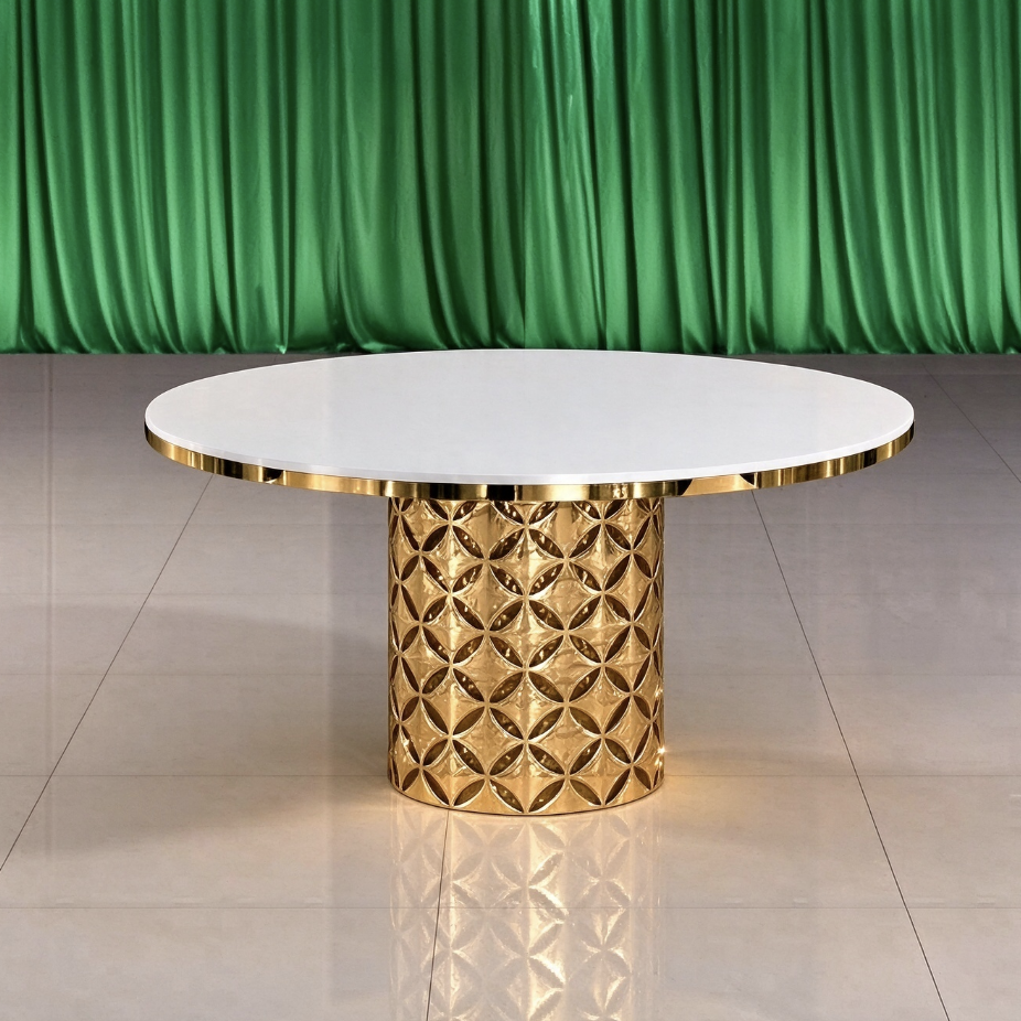 White top gold cylinder pedestal wedding banquet table for wedding events from Xingchen Furniture