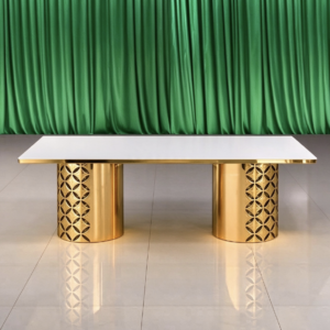 White top gold cylinder pedestal wedding banquet table for wedding events from Xingchen Furniture