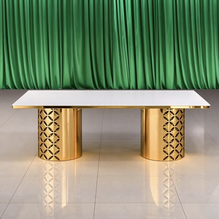 White top gold cylinder pedestal wedding banquet table for wedding events from Xingchen Furniture
