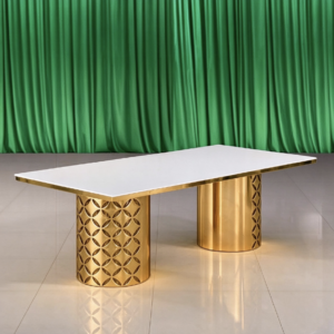 White top gold cylinder pedestal wedding banquet table for wedding events from Xingchen Furniture