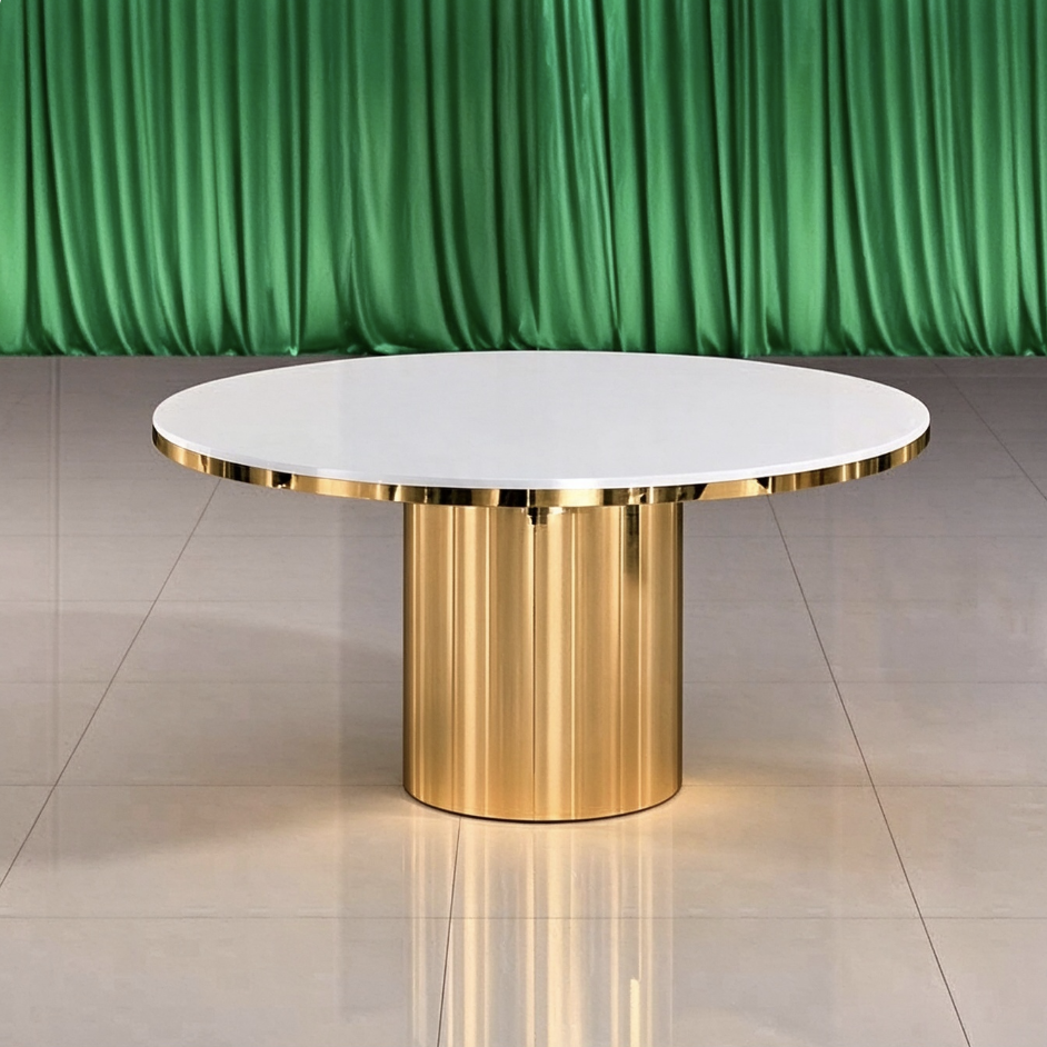 White top gold cylinder pedestal wedding banquet table for wedding events from Xingchen Furniture