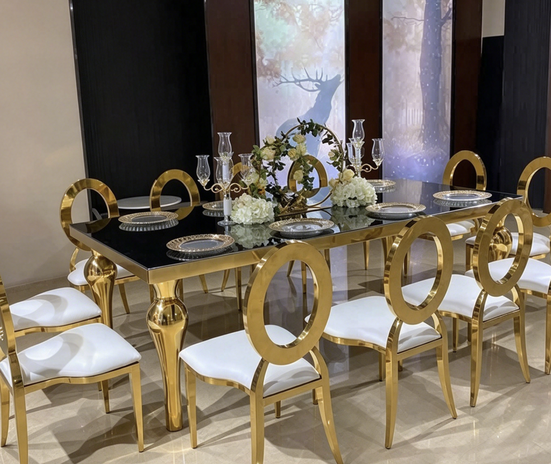 Black top gold leg console table with luxury floral wedding backdrop