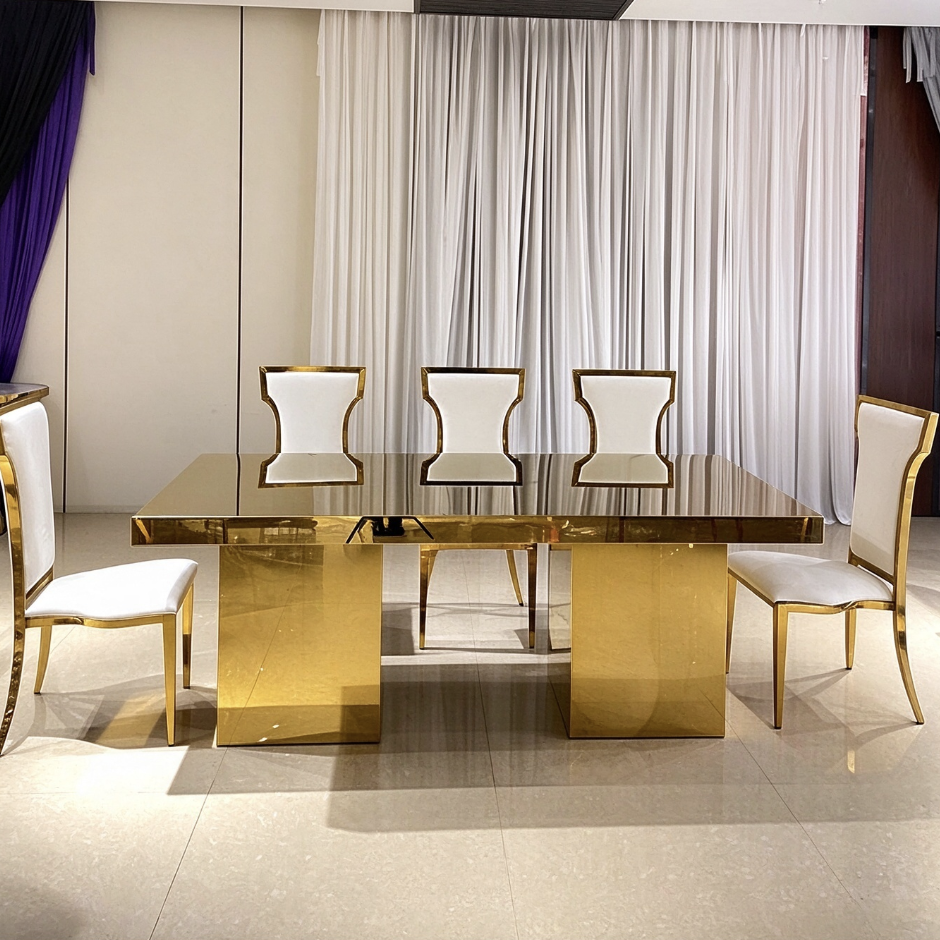Gold mirror top double pedestal wedding banquet table from Xingchen Furniture