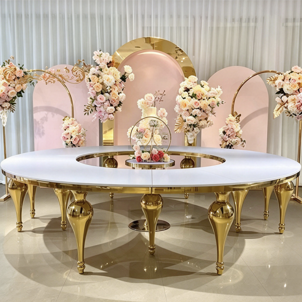 White round center hole table with gold legs and pink arch decor