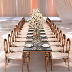 Gold ring back chair with glass top wedding banquet table for wedding reception from Xingchen Furniture