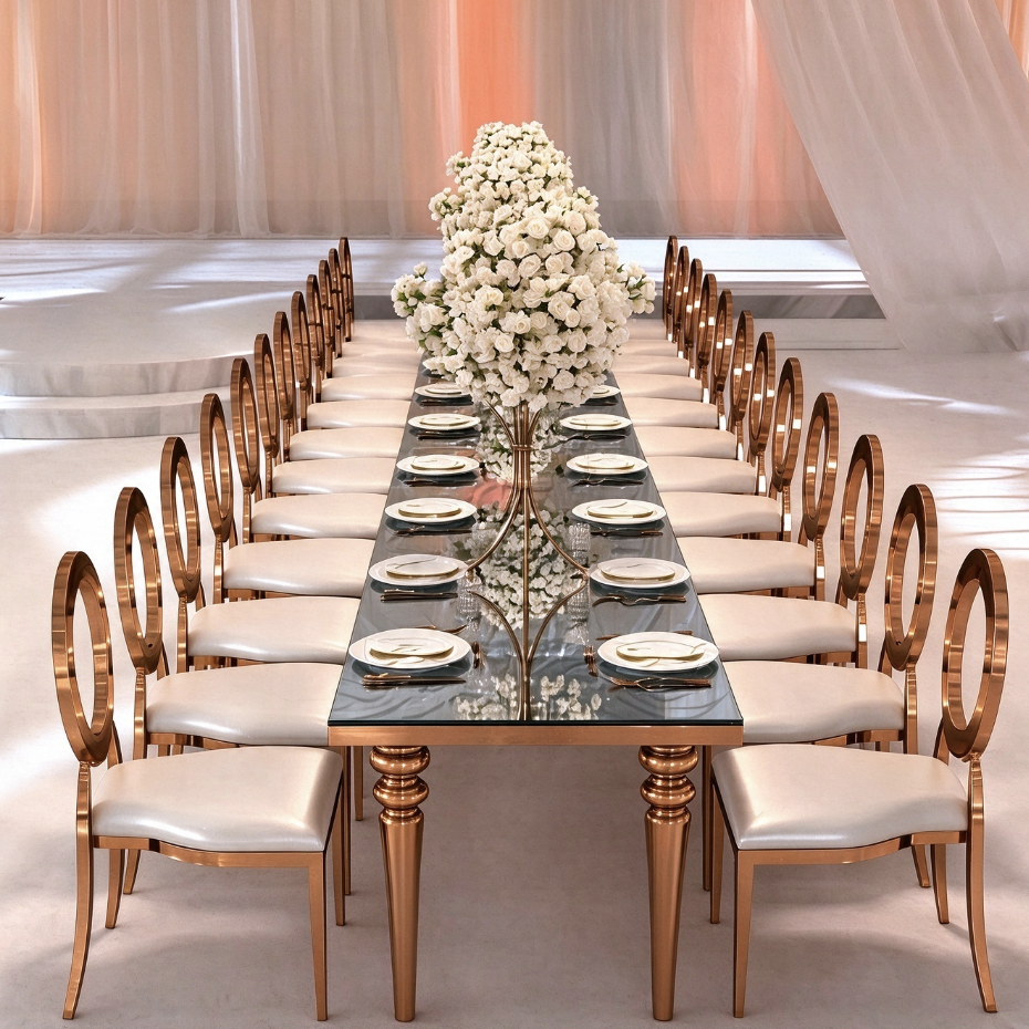 Gold ring back chair with glass top wedding banquet table for wedding reception from Xingchen Furniture