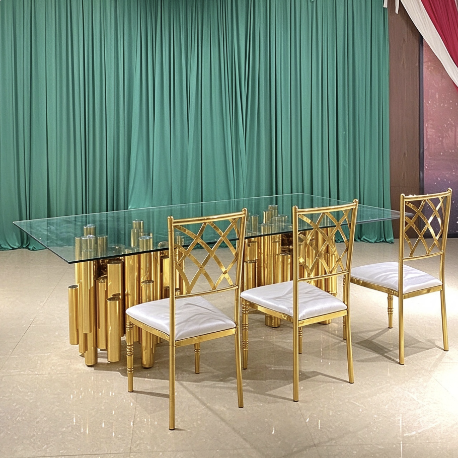 Glass top wedding banquet table with gold column base manufactured by Xingchen Furniture