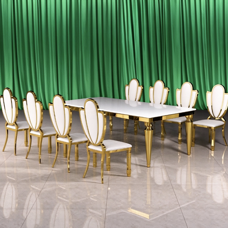 Gold tapered leg white dining table set with petal back wedding chairs