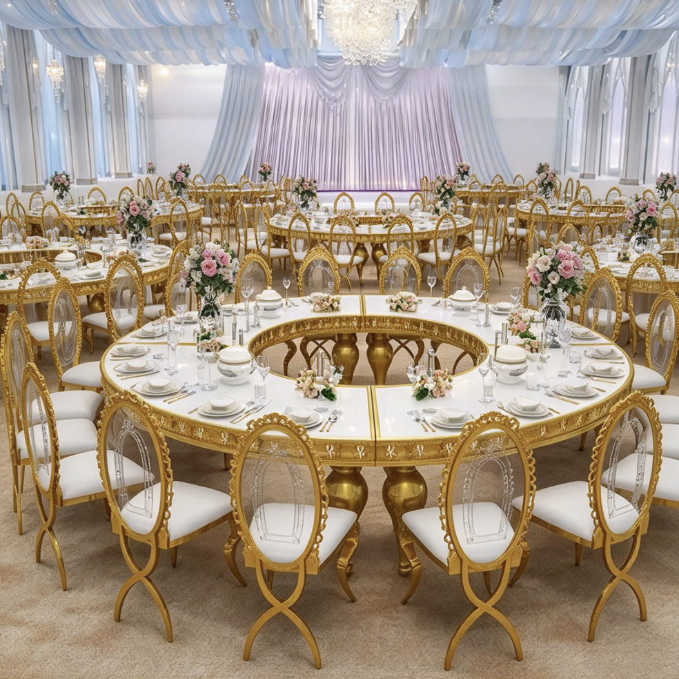White round center hole table with gold legs and banquet chairs