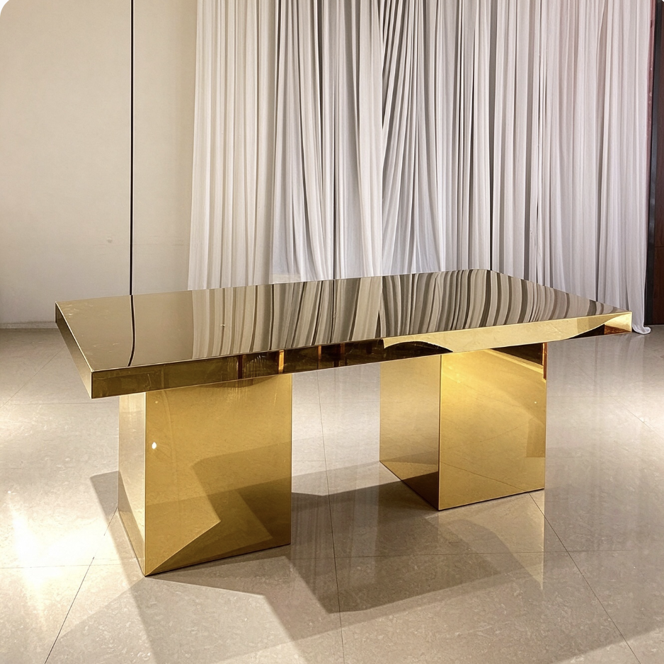 Gold mirror top double pedestal wedding banquet table from Xingchen Furniture