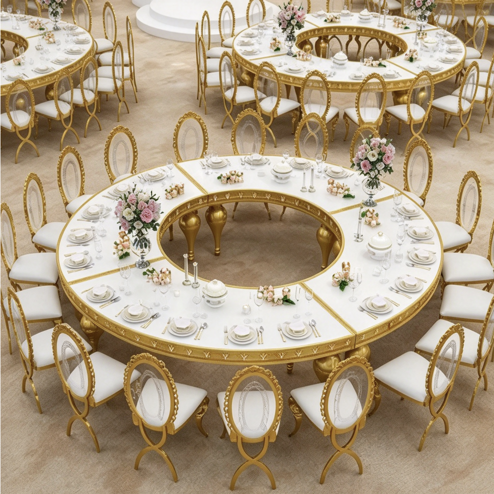 White round center hole table with gold legs and banquet chairs