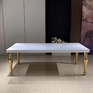White top wedding banquet table with polished gold carved legs
