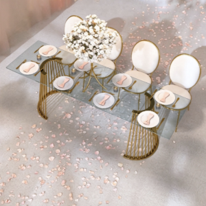 Gold cage leg glass top wedding banquet table with ring back chairs from Xingchen Furniture