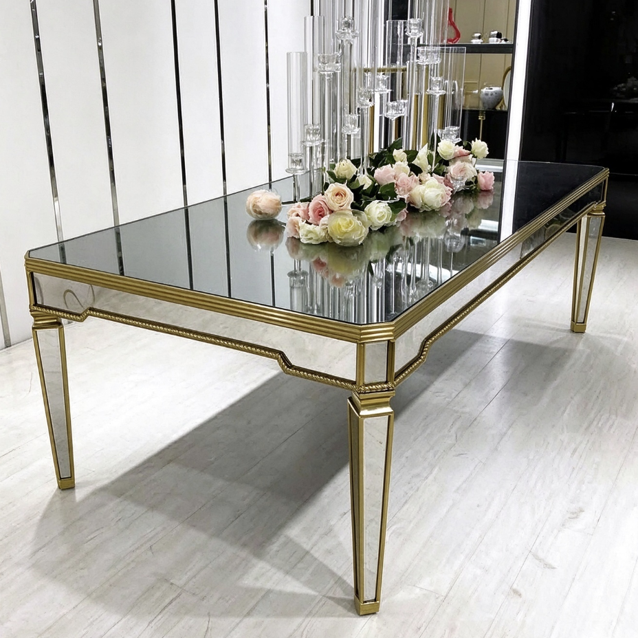 Mirror top gold leg wedding banquet table with gold ring chairs from Xingchen Furniture