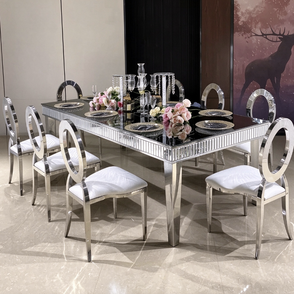 Black mirror top silver leg wedding banquet table with ghost chairs from Xingchen Furniture