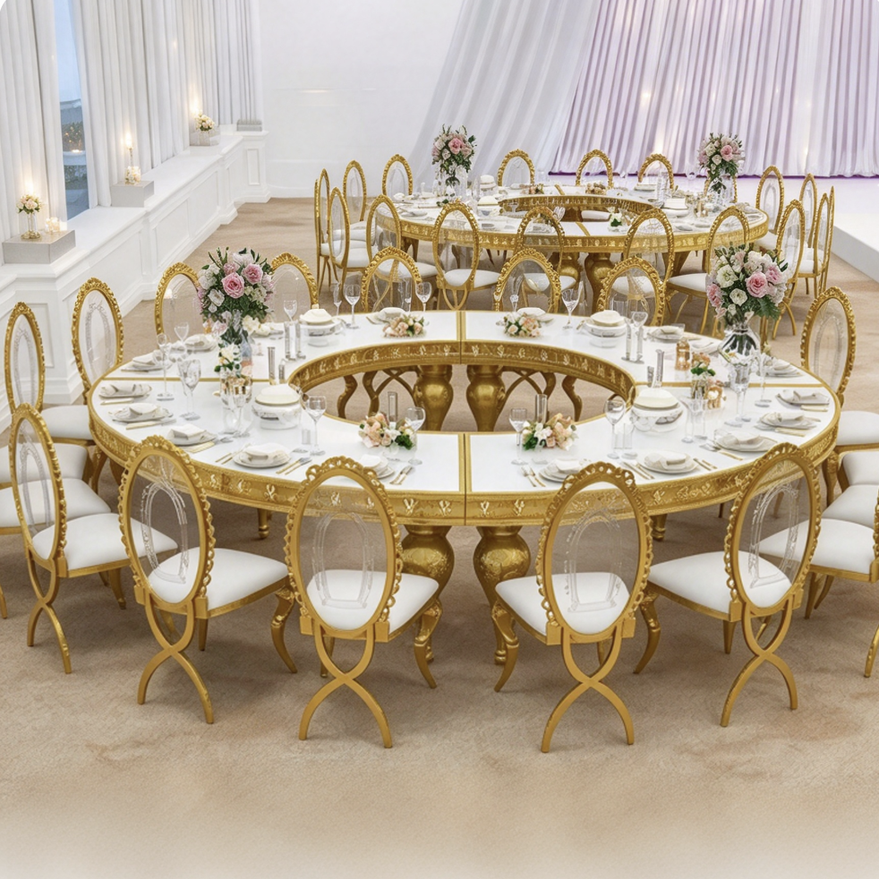 White round center hole table with gold legs and banquet chairs