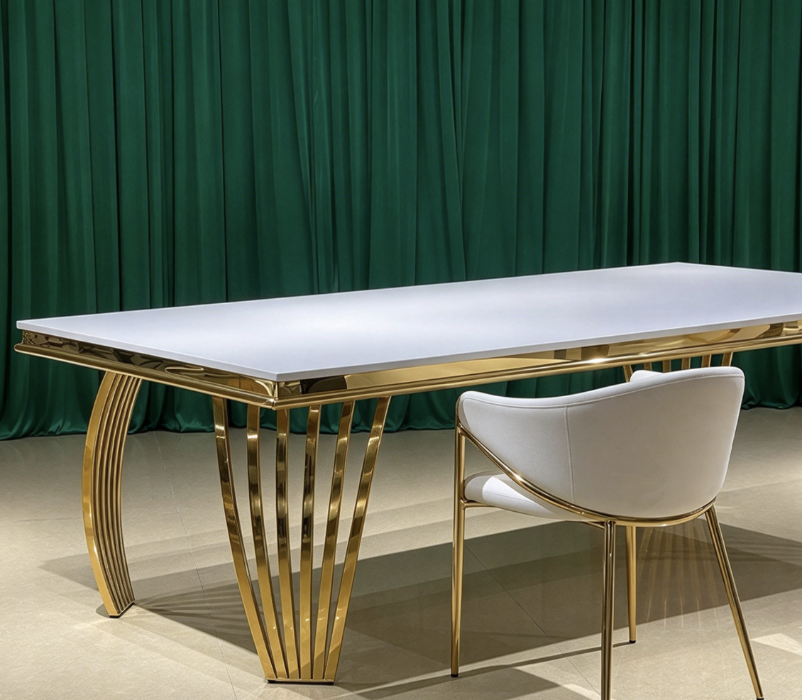 white top gold curved leg dining table for wedding and banquet events