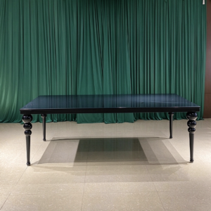 Black top black ball leg wedding banquet table with blue gold chairs from Xingchen Furniture