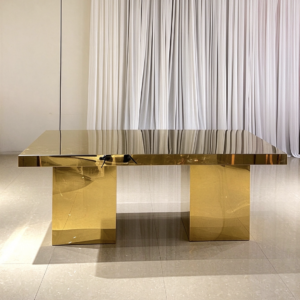 Gold mirror top double pedestal wedding banquet table from Xingchen Furniture