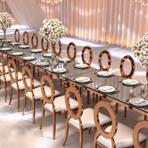 Gold ring back chair with glass top wedding banquet table for wedding reception from Xingchen Furniture