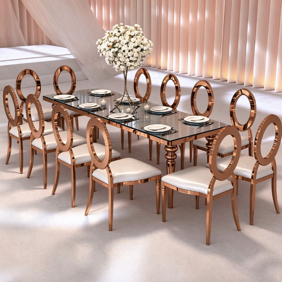 Gold ring back chair with glass top wedding banquet table for wedding reception from Xingchen Furniture