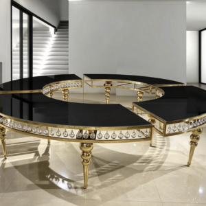 Black curved table with gold crystal legs and shell chairs