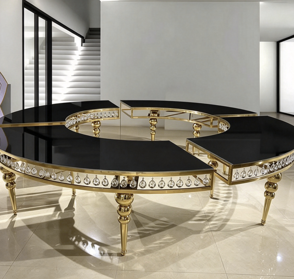 Black curved table with gold crystal legs and shell chairs