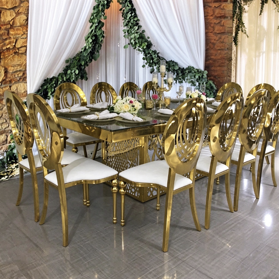Mirror top wedding banquet table with ornate gold lattice base from Xingchen Furniture