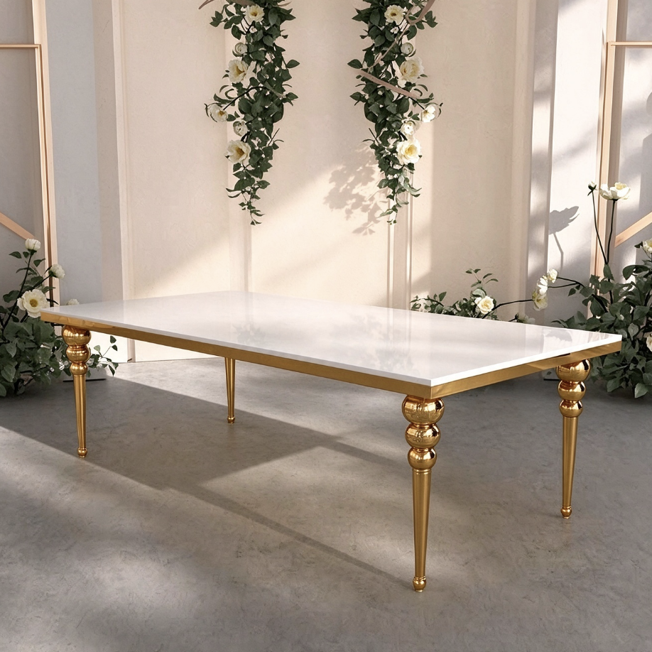 White top gold turned leg wedding banquet table for wedding events from Xingchen Furniture