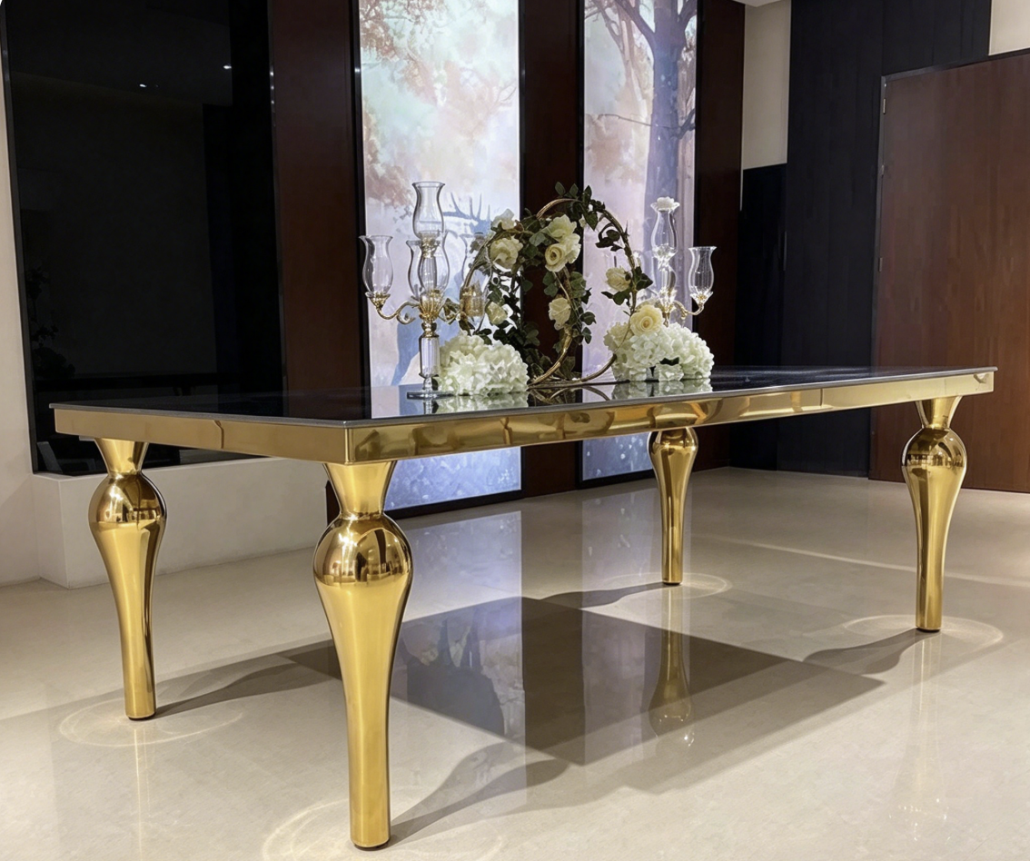 Black top gold leg console table with luxury floral wedding backdrop