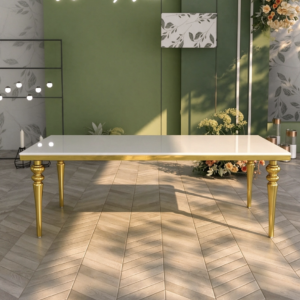 White top wedding banquet table with polished gold turned legs from Xingchen Furniture