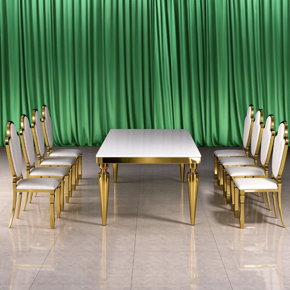Gold tapered leg white dining table set with petal back wedding chairs