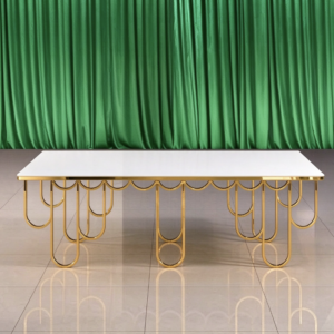 White top wedding banquet table with artistic gold loop base from Xingchen Furniture