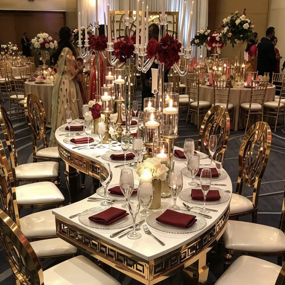White curved table with gold geometric legs and banquet chairs