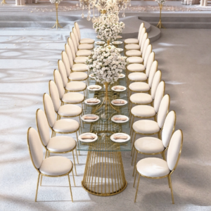 Gold cage leg glass top wedding banquet table with ring back chairs from Xingchen Furniture