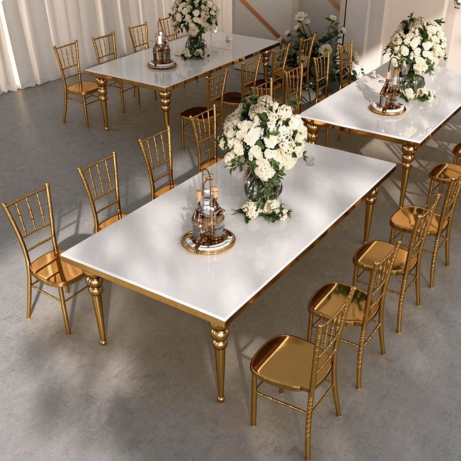 White top gold turned leg wedding banquet table for wedding events from Xingchen Furniture