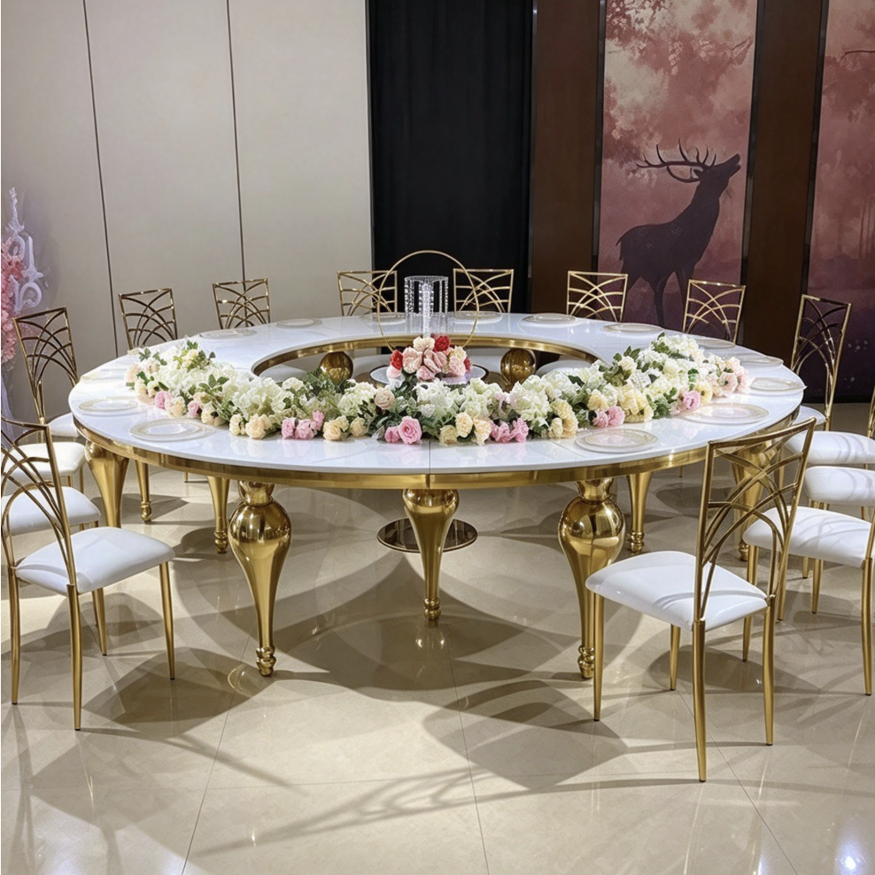 White round center hole table with gold legs and pink arch decor