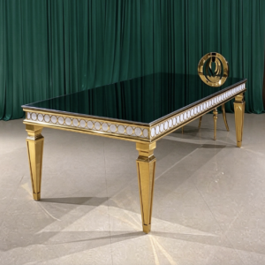 Black mirror top wedding banquet table with gold ring edge and carved legs