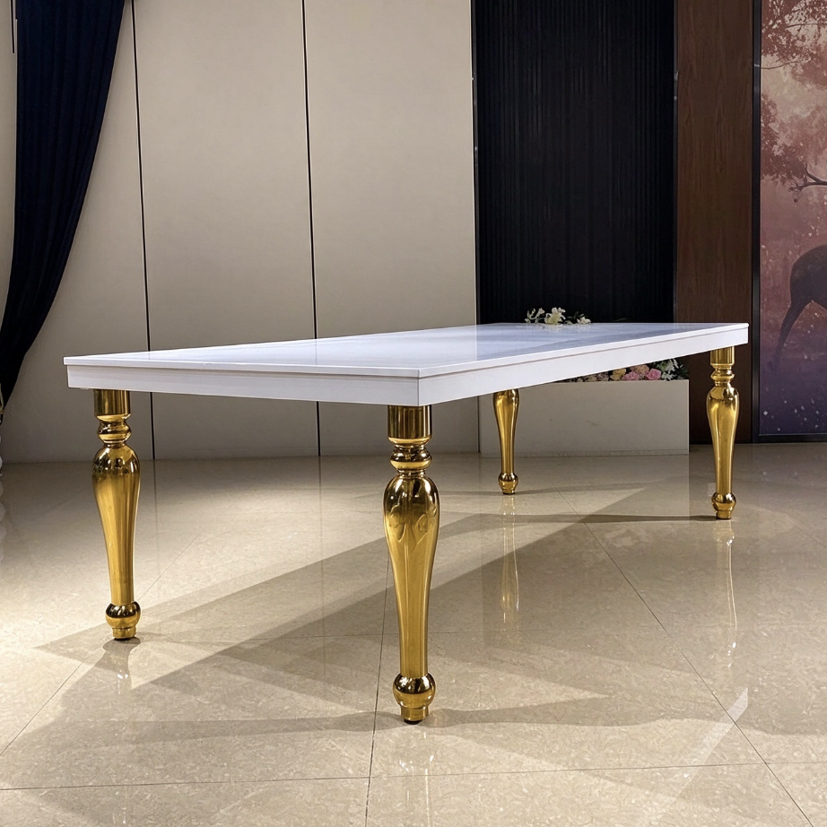White top wedding banquet table with polished gold carved legs