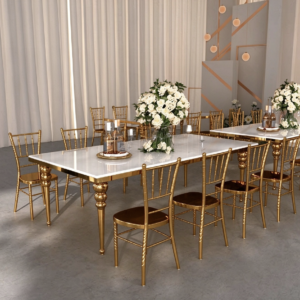 White top gold turned leg wedding banquet table for wedding events from Xingchen Furniture