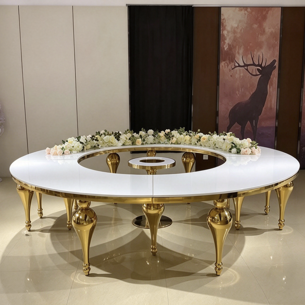 White round center hole table with gold legs and pink arch decor