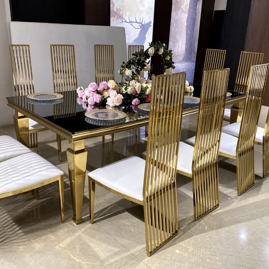Luxury gold frame slat chairs matching black glass wedding table