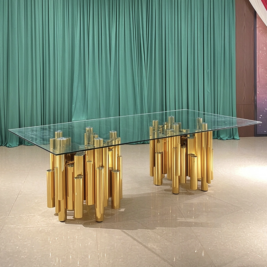 Glass top wedding banquet table with gold column base manufactured by Xingchen Furniture