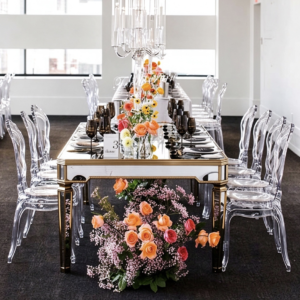 Acrylic ghost chair with gold or white top wedding banquet table from Xingchen Furniture