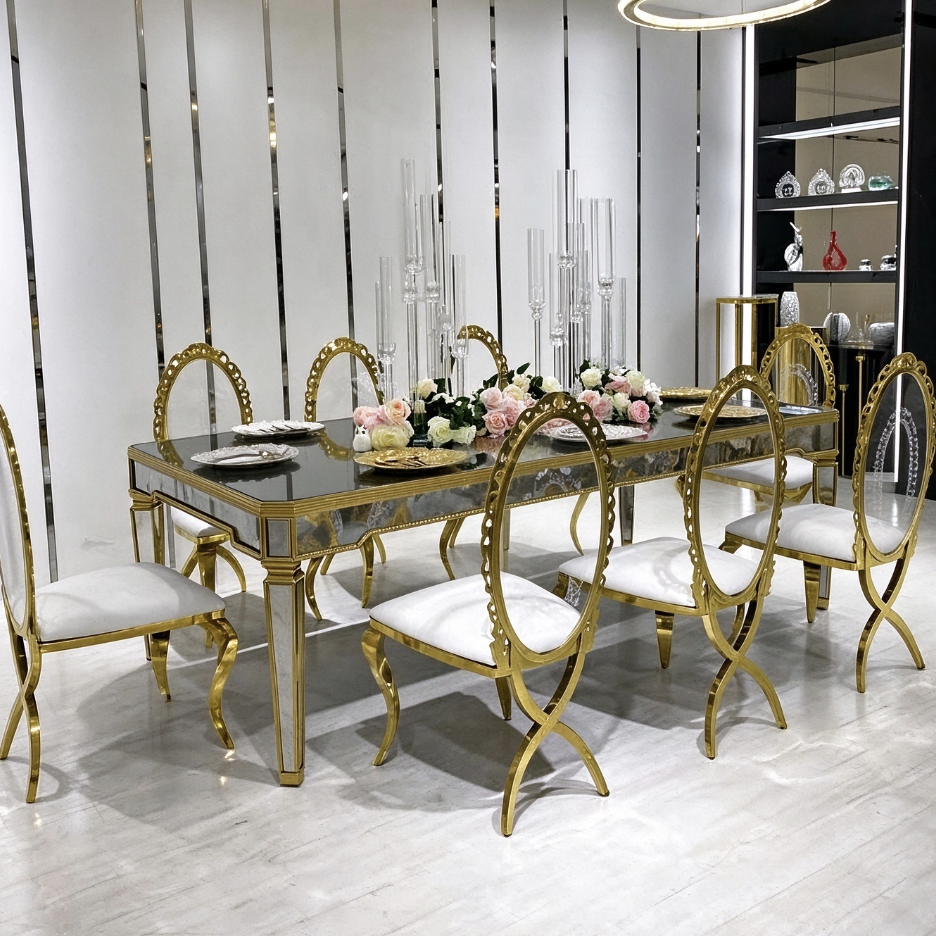 Mirror top gold leg wedding banquet table with gold ring chairs from Xingchen Furniture