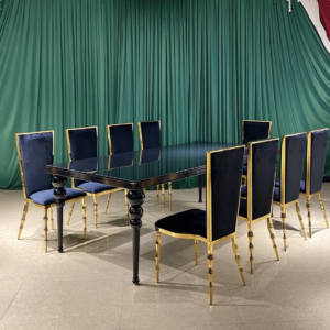Black top black ball leg wedding banquet table with blue gold chairs from Xingchen Furniture