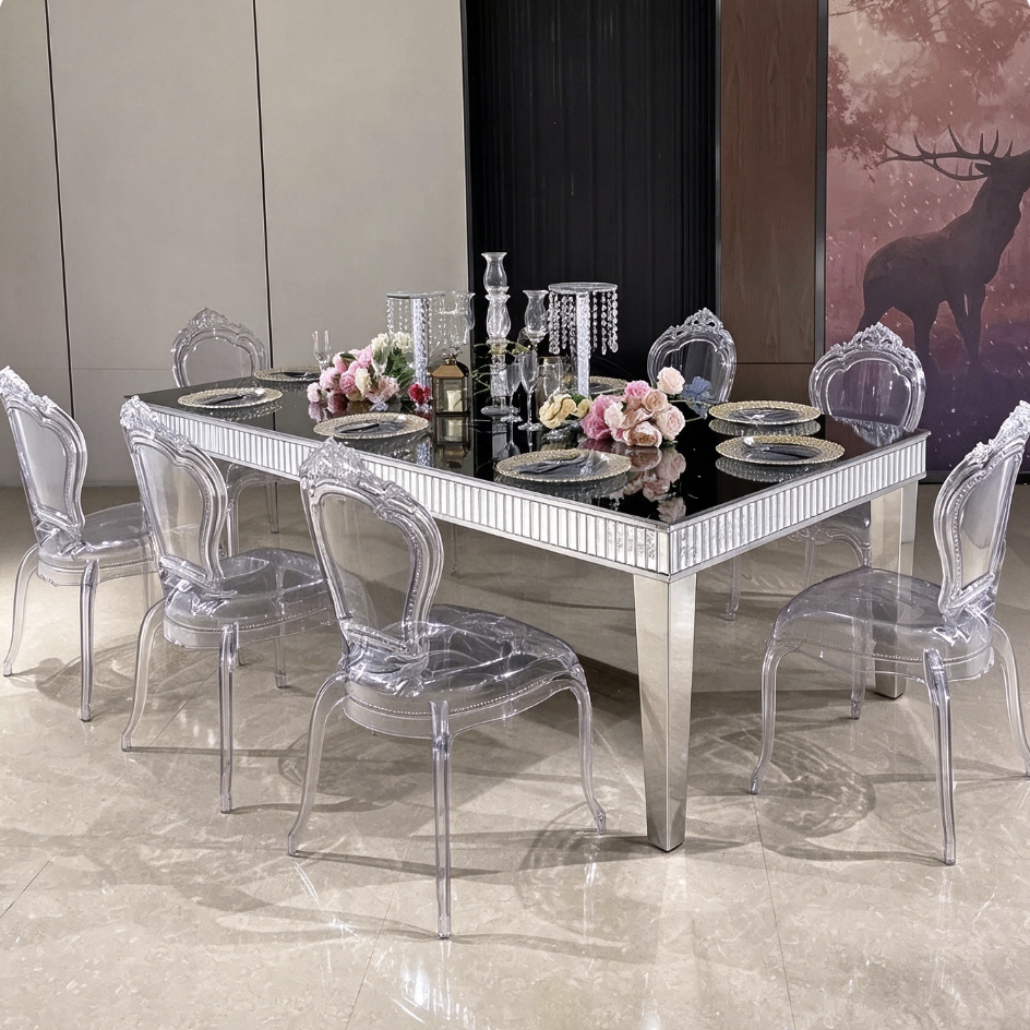 Black mirror top silver leg wedding banquet table with ghost chairs from Xingchen Furniture