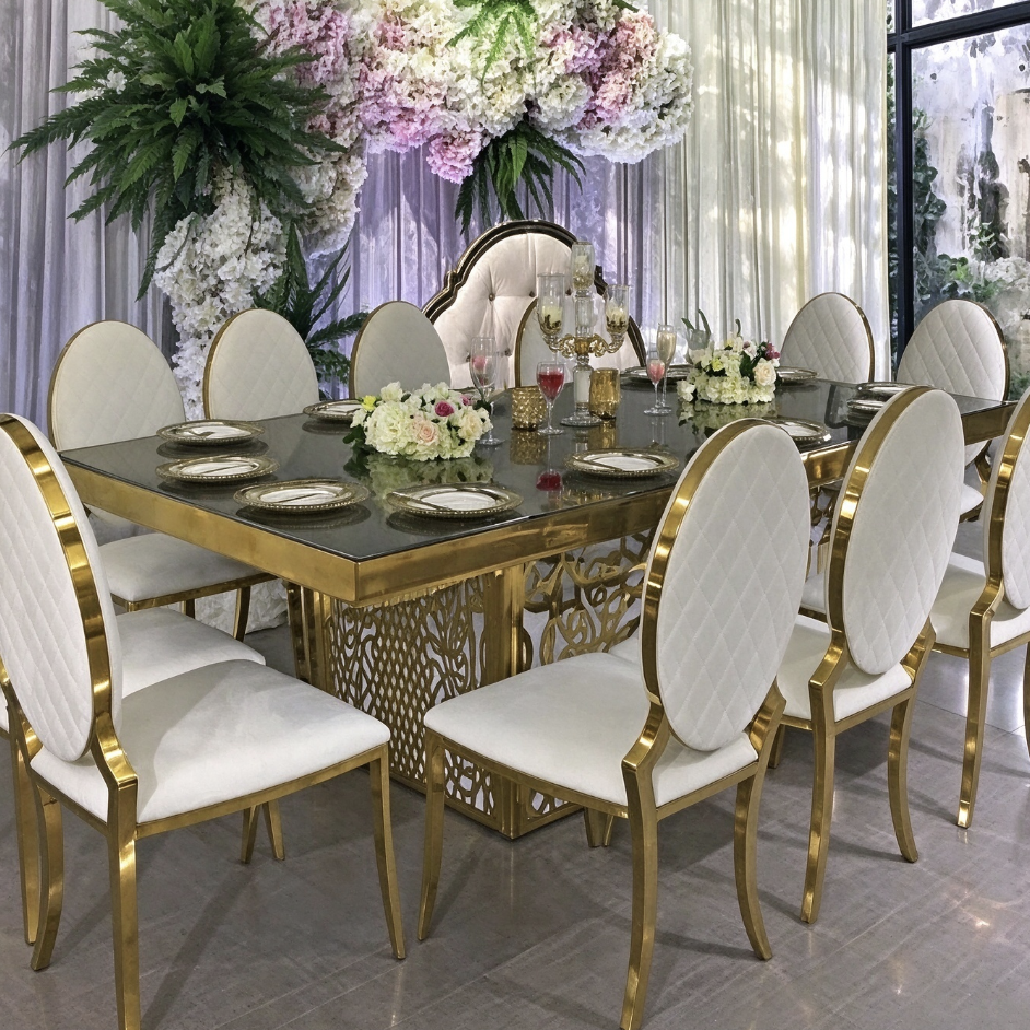 Mirror top wedding banquet table with ornate gold lattice base from Xingchen Furniture