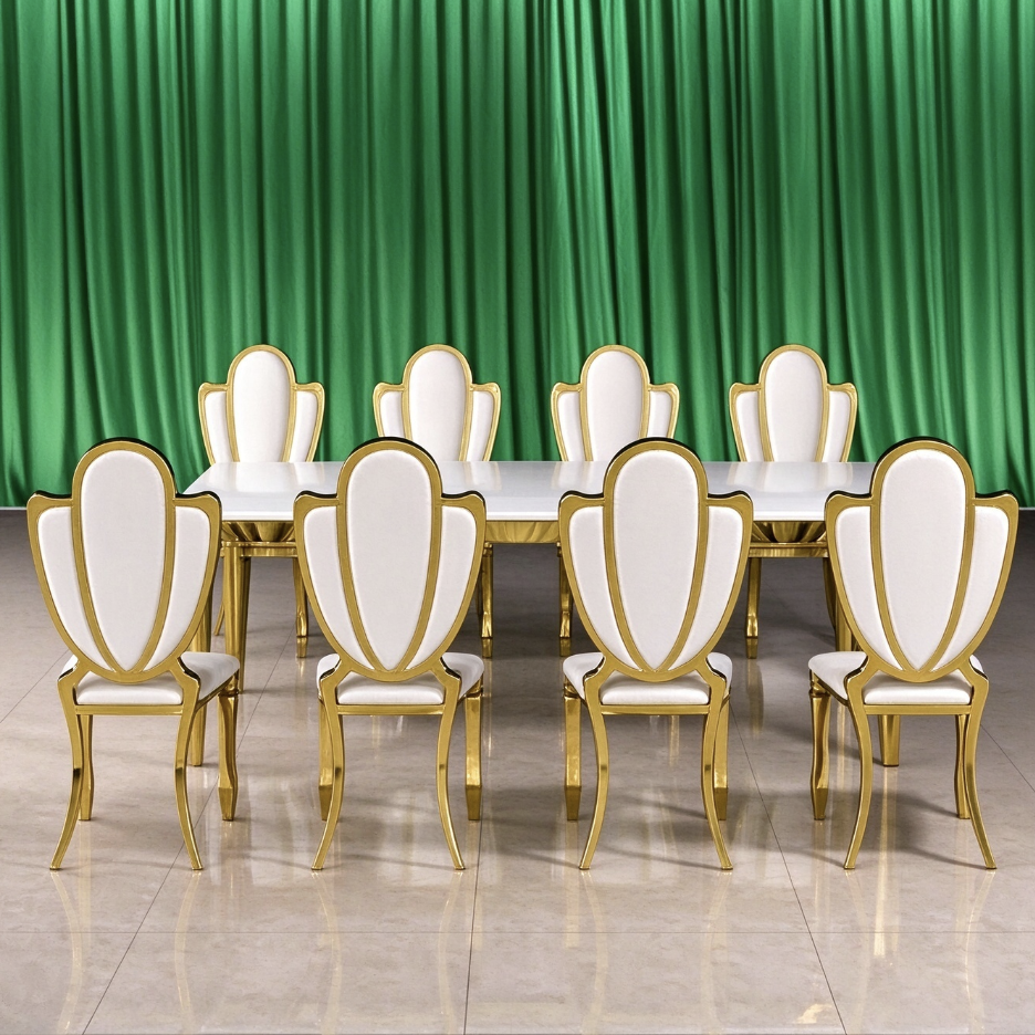 Gold tapered leg white dining table set with petal back wedding chairs