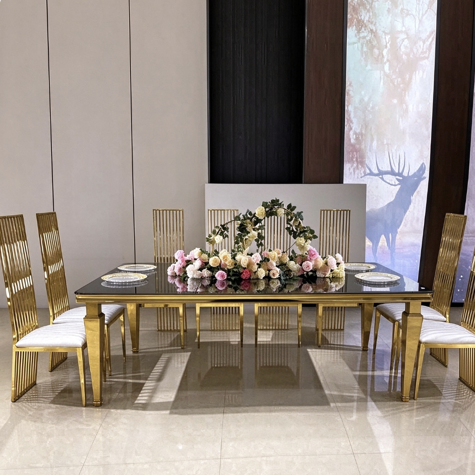 Luxury gold frame slat chairs matching black glass wedding table